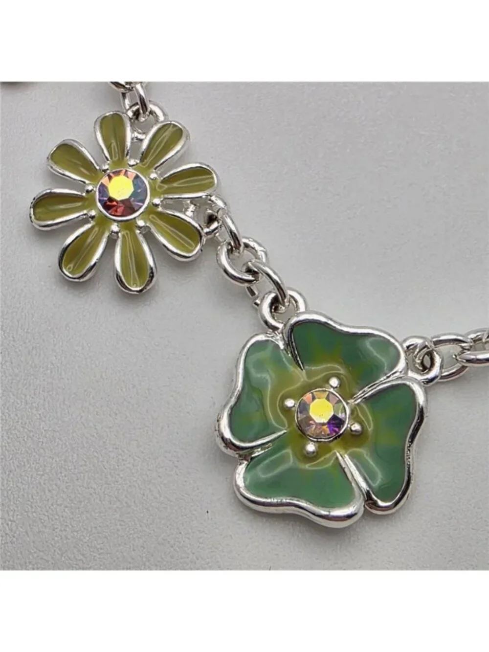 Avon Multicolor Enamel Flower Link Necklace AB Crystal Silver Tone 18.5